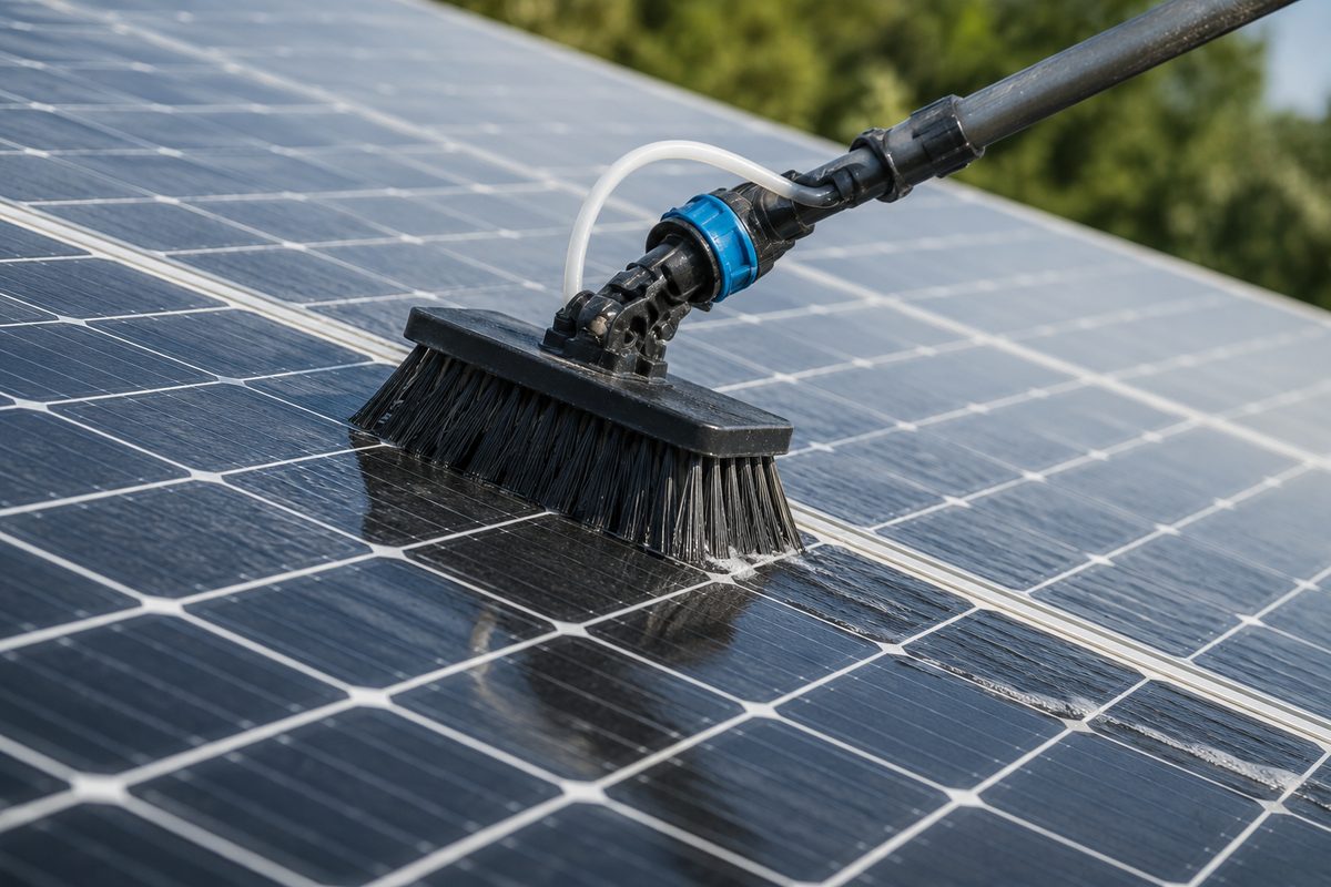 Technician using a soft-wash brush and deionized water to clean a solar panel